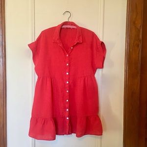 Zara vermillion Red Linen Tunic / Blouse / short cap sleeves / ruffle hem - MED